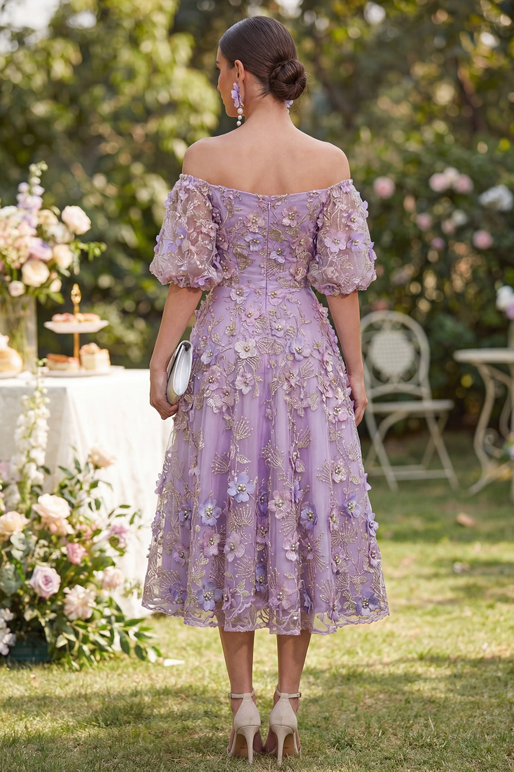 Blue Puff Sleeves Floral A Line Ruched Maxi Wedding Guest Dress with Pearls