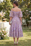 Blue Puff Sleeves Floral A Line Ruched Maxi Wedding Guest Dress with Pearls