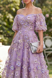 Blue Puff Sleeves Floral A Line Ruched Maxi Wedding Guest Dress with Pearls