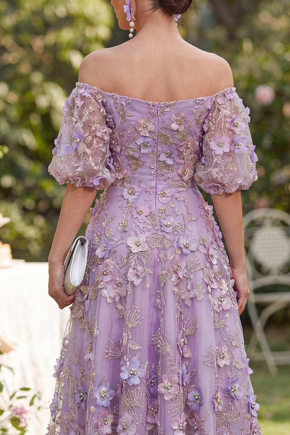 Blue Puff Sleeves Floral A Line Ruched Maxi Wedding Guest Dress with Pearls