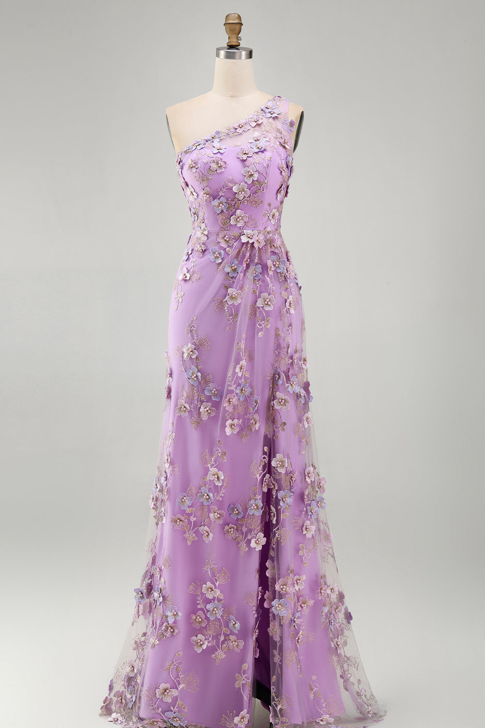 Ruched Maxi Floral Lilac One Shoulder Wedding Guest Dress with Pearls