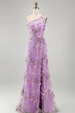 Ruched Maxi Floral Lilac One Shoulder Wedding Guest Dress with Pearls