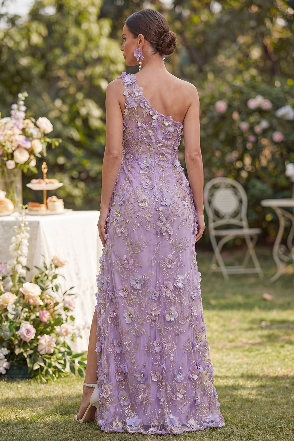 Zapakasa Women Lilac Floral Maxi Wedding Guest Dress with Pearls Sheath One Shoulder Ruched Formal Dress with Slit