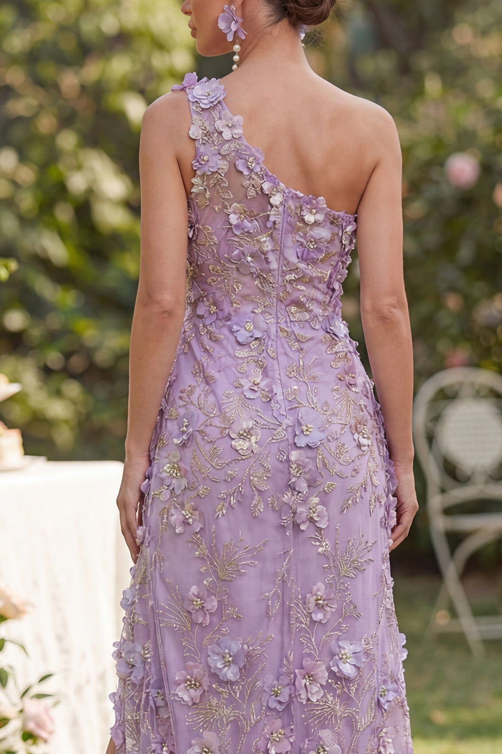Ruched Maxi Floral Lilac One Shoulder Wedding Guest Dress with Pearls