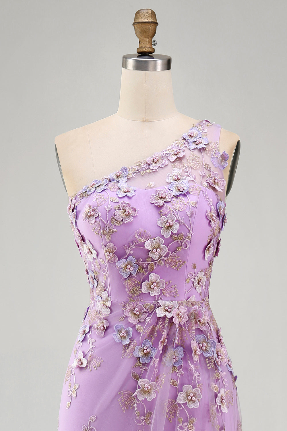 Ruched Maxi Floral Lilac One Shoulder Wedding Guest Dress with Pearls