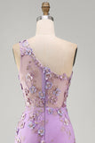 Ruched Maxi Floral Lilac One Shoulder Wedding Guest Dress with Pearls