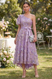 Flutter Sleeves One Shoulder A Line Maxi Floral Lilac Wedding Guest Dress with Pearls
