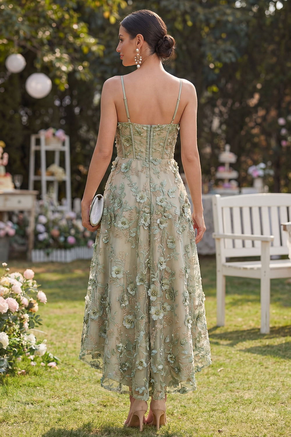Corset Dusty Green A Line High Low Floral Wedding Guest Dress with Pearls