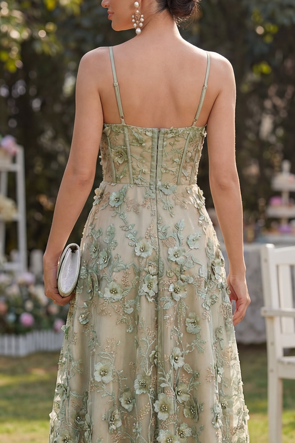 Corset Dusty Green A Line High Low Floral Wedding Guest Dress with Pearls