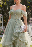 Ruffled Corset Dusty Green A Line Maxi Floral Wedding Guest Dress with Pearls