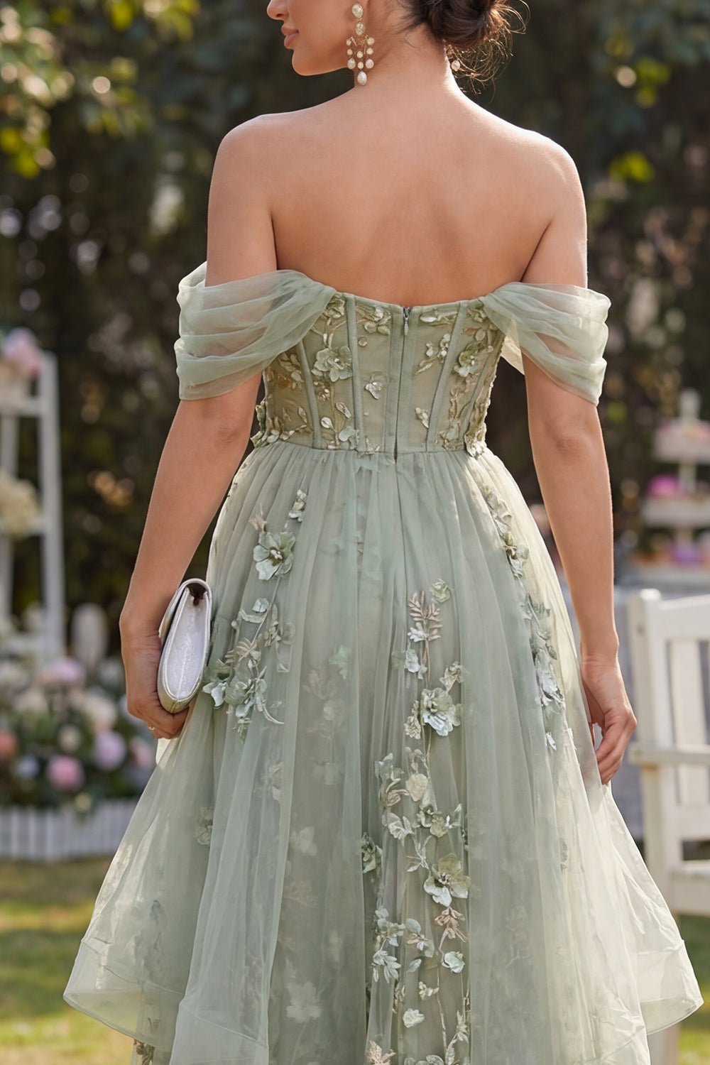 Ruffled Corset Dusty Green A Line Maxi Floral Wedding Guest Dress with Pearls