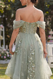 Ruffled Corset Dusty Green A Line Maxi Floral Wedding Guest Dress with Pearls