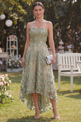 Floral A Line Corset Dusty Green High Low Wedding Guest Dress with Pearls