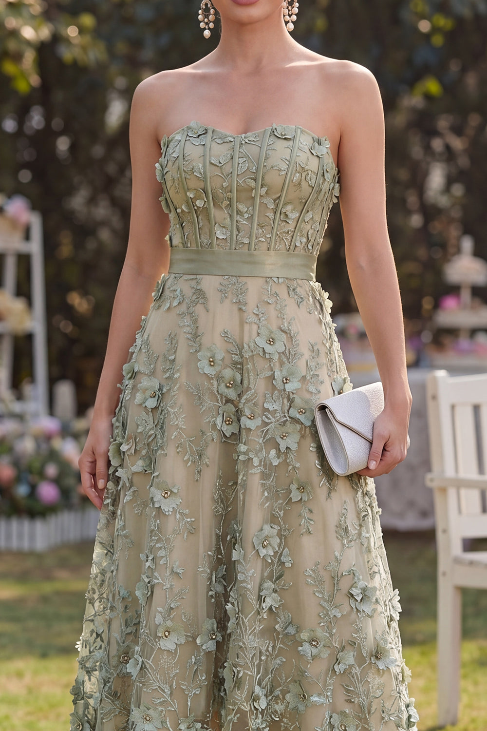 Floral A Line Corset Dusty Green High Low Wedding Guest Dress with Pearls