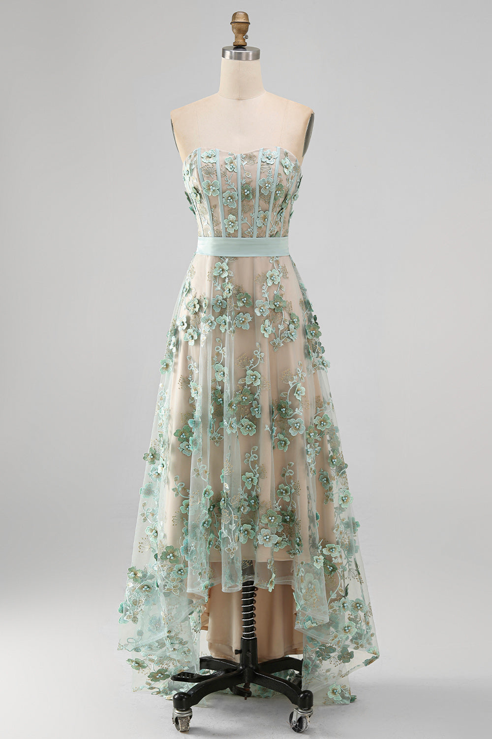 Floral A Line Corset Dusty Green High Low Wedding Guest Dress with Pearls