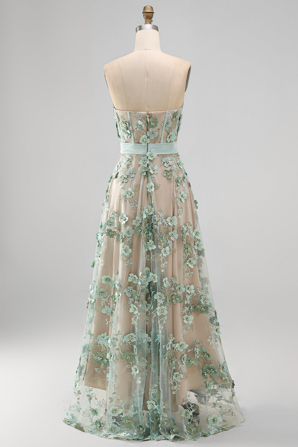 Floral A Line Corset Dusty Green High Low Wedding Guest Dress with Pearls