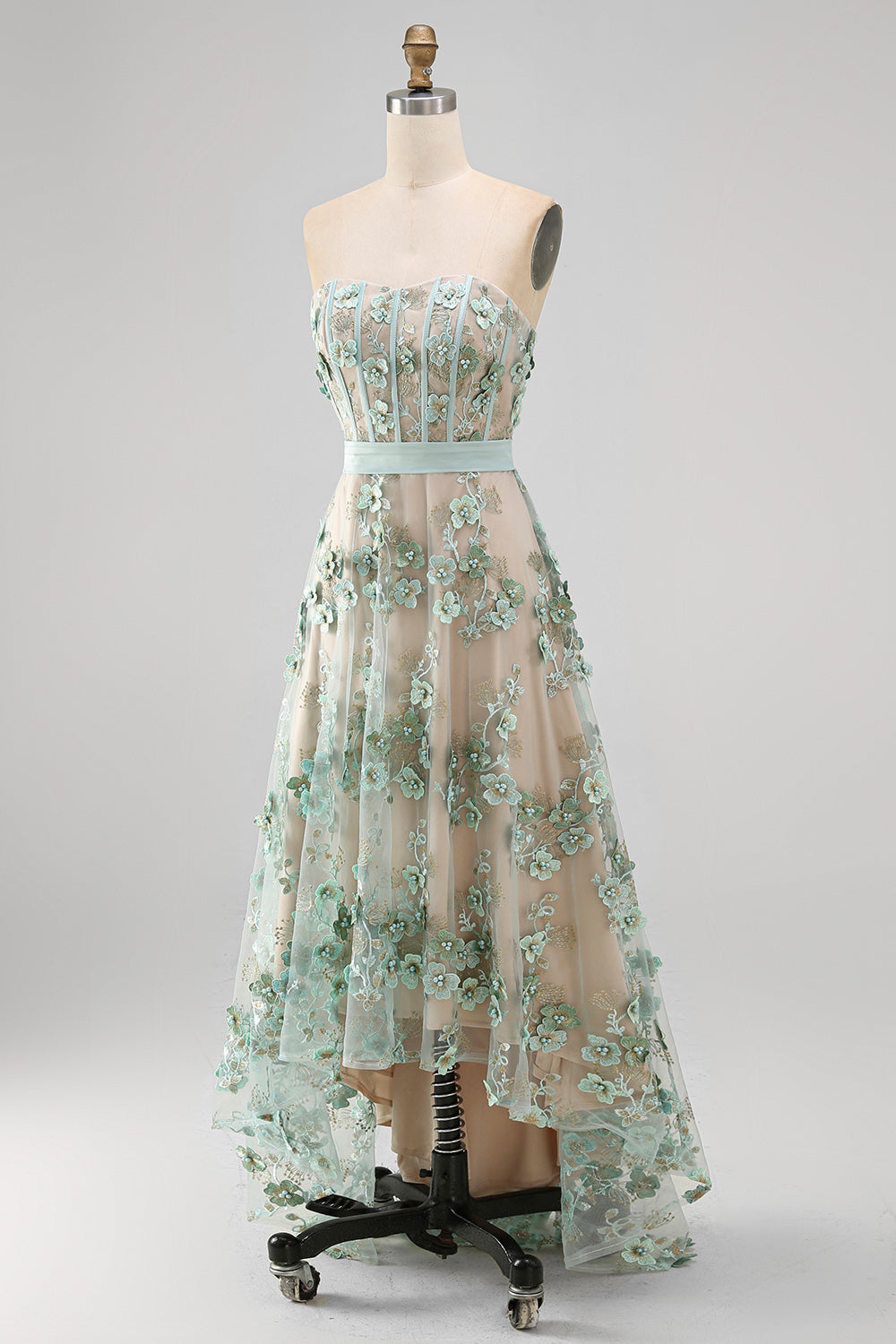 Floral A Line Corset Dusty Green High Low Wedding Guest Dress with Pearls
