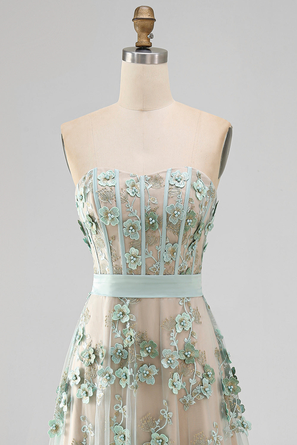 Floral A Line Corset Dusty Green High Low Wedding Guest Dress with Pearls