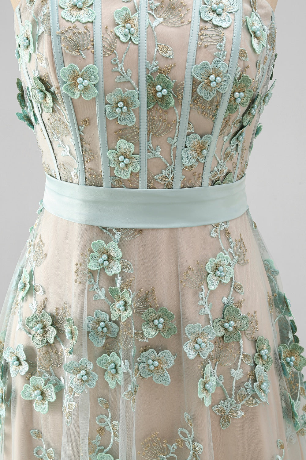 Floral A Line Corset Dusty Green High Low Wedding Guest Dress with Pearls