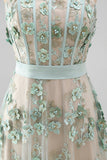 Floral A Line Corset Dusty Green High Low Wedding Guest Dress with Pearls