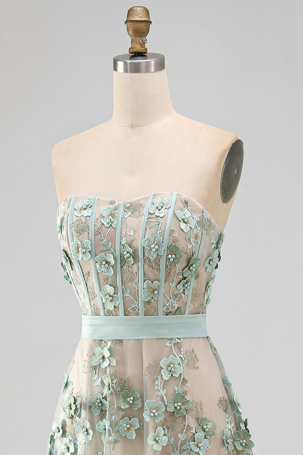 Floral A Line Corset Dusty Green High Low Wedding Guest Dress with Pearls