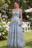 Blue Ruched A Line Maxi Floral Spaghetti Straps Wedding Guest Dress with Pearls