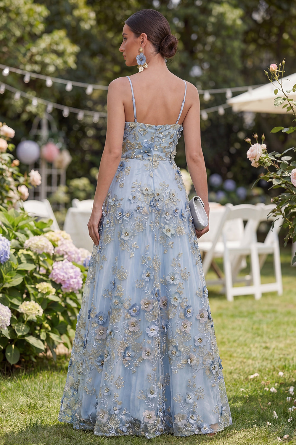 Blue Ruched A Line Maxi Floral Spaghetti Straps Wedding Guest Dress with Pearls