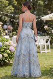 Blue Ruched A Line Maxi Floral Spaghetti Straps Wedding Guest Dress with Pearls