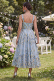 Blue Thick Straps Ruched A Line Maxi Floral Wedding Guest Dress with Pearls