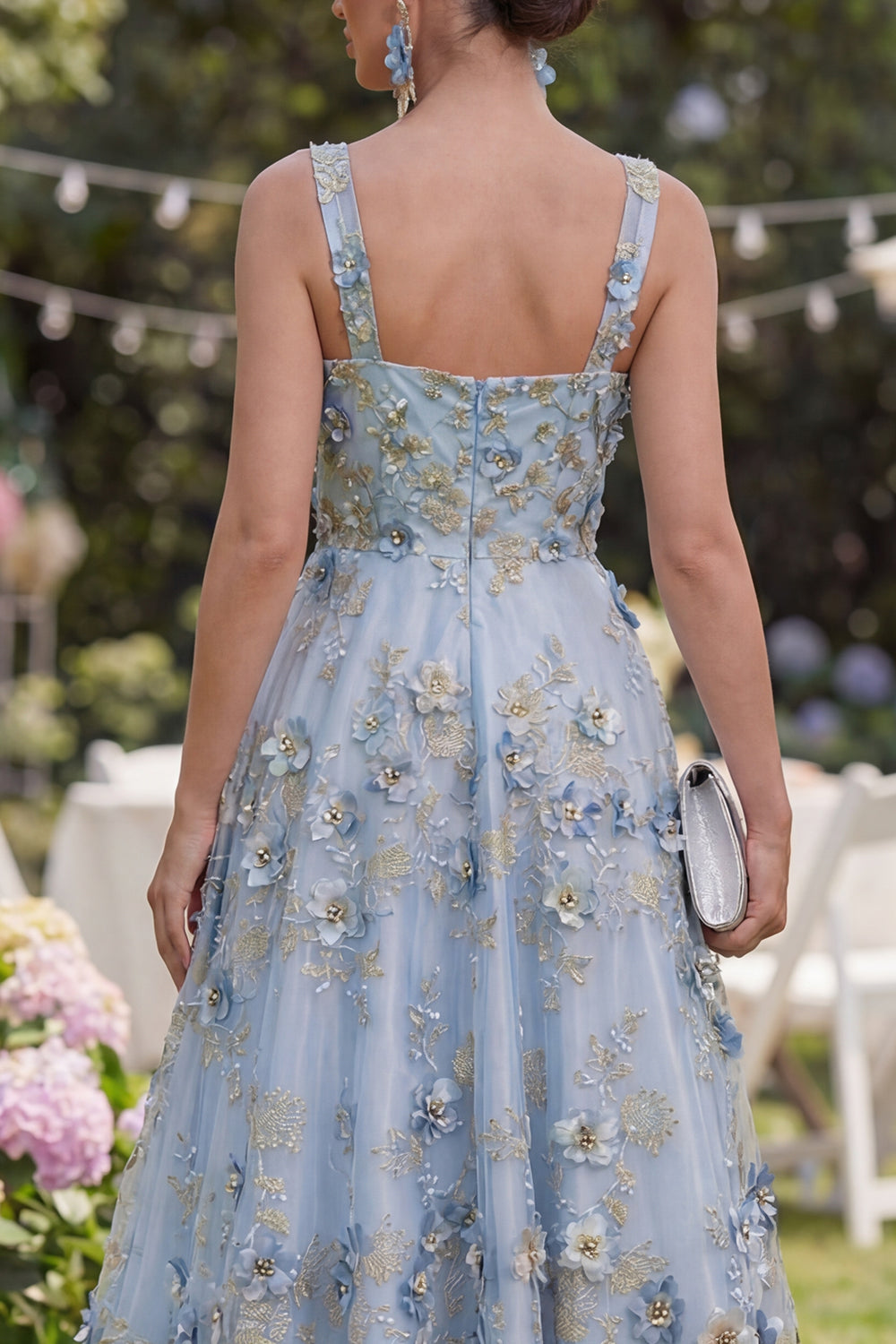 Blue Thick Straps Ruched A Line Maxi Floral Wedding Guest Dress with Pearls