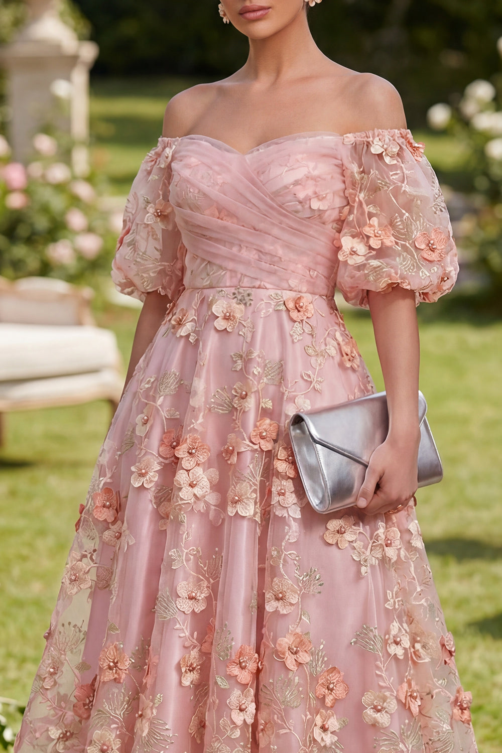 Pink Orange Puff Sleeves Floral Ruched A Line Maxi Wedding Guest Dress with Pearls