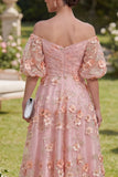 Pink Orange Puff Sleeves Floral Ruched A Line Maxi Wedding Guest Dress with Pearls