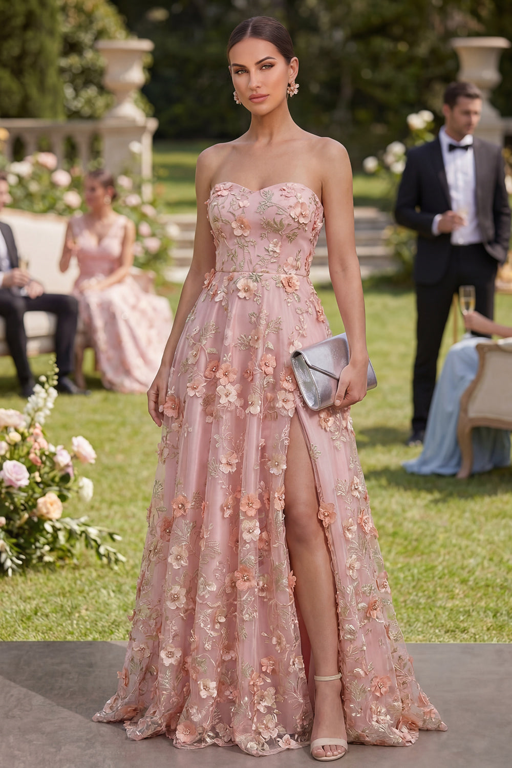 Pink Orange Strapless Floral A Line Maxi Wedding Guest Dress with Pearls