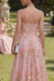 Pink Orange Strapless Floral A Line Maxi Wedding Guest Dress with Pearls
