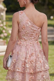 One Shoulder Floral Pink Orange A Line Short Wedding Guest Dress with Pearls