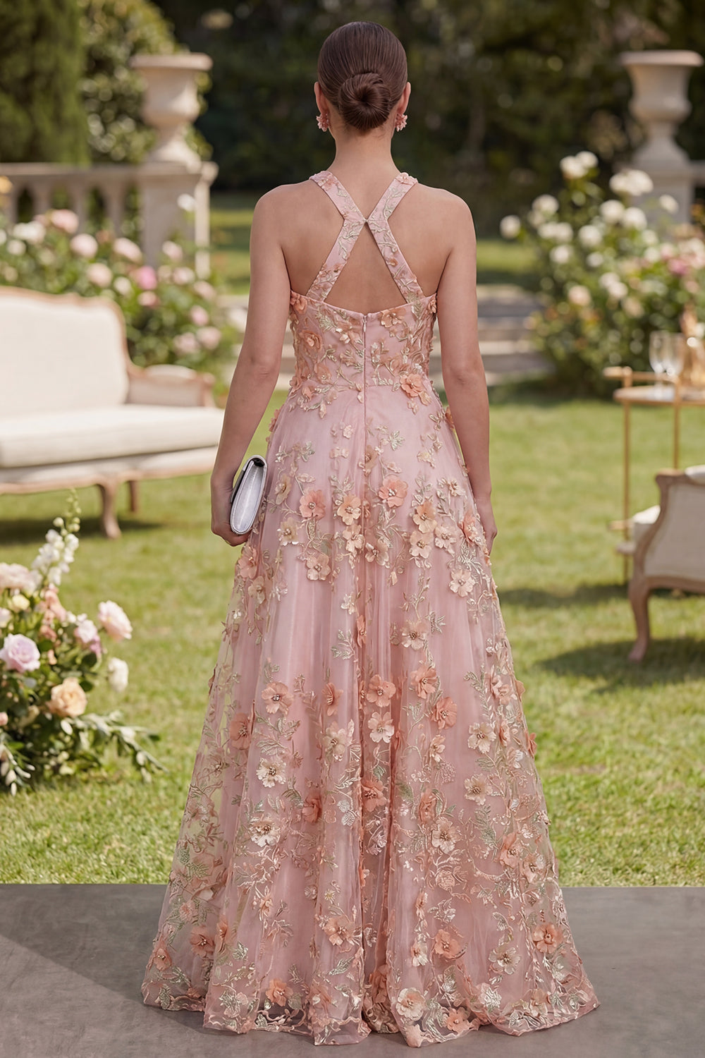 Halter Pink Orange Floral A Line Maxi Wedding Guest Dress with Pearls