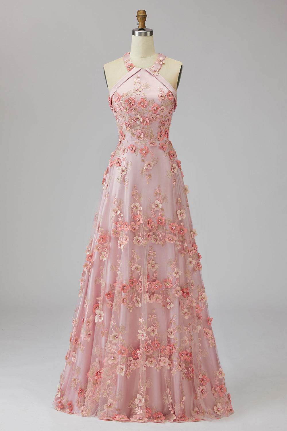 Halter Pink Orange Floral A Line Maxi Wedding Guest Dress with Pearls