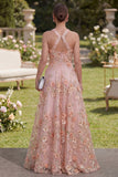 Halter Pink Orange Floral A Line Maxi Wedding Guest Dress with Pearls