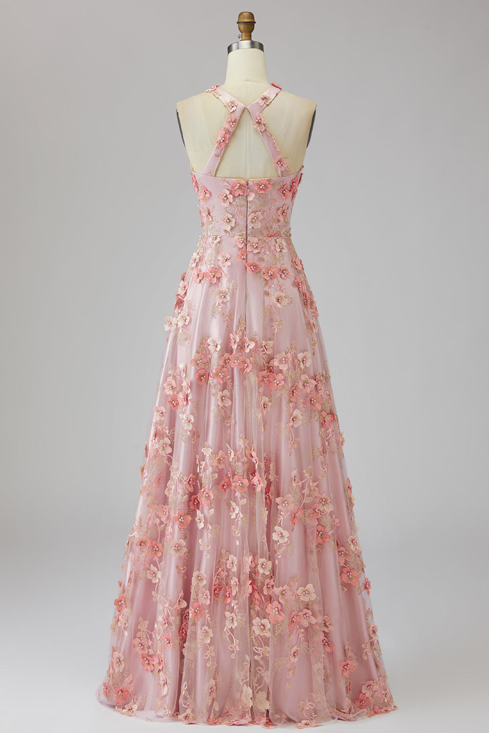 Halter Pink Orange Floral A Line Maxi Wedding Guest Dress with Pearls
