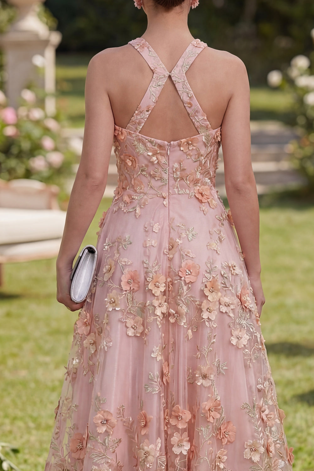Halter Pink Orange Floral A Line Maxi Wedding Guest Dress with Pearls