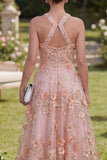 Halter Pink Orange Floral A Line Maxi Wedding Guest Dress with Pearls