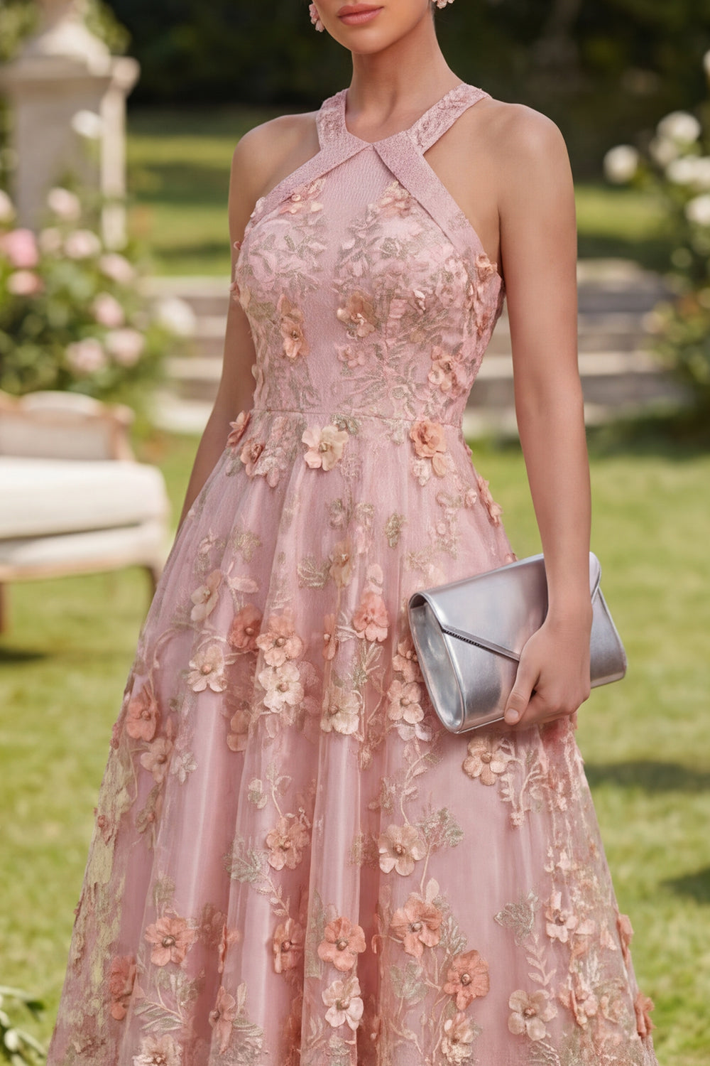 Halter Pink Orange Floral A Line Maxi Wedding Guest Dress with Pearls
