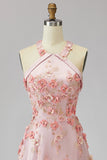 Halter Pink Orange Floral A Line Maxi Wedding Guest Dress with Pearls
