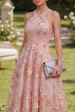Halter Pink Orange Floral A Line Maxi Wedding Guest Dress with Pearls