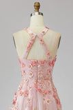 Halter Pink Orange Floral A Line Maxi Wedding Guest Dress with Pearls