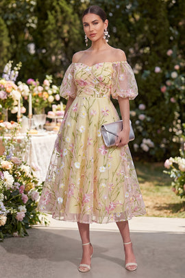 Puff Sleeves Floral Ruched Light Yellow A Line Maxi Wedding Guest Dress