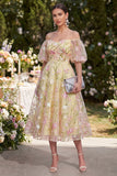 Puff Sleeves Floral Ruched Light Yellow A Line Maxi Wedding Guest Dress