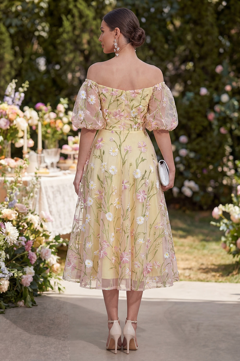 Puff Sleeves Floral Ruched Light Yellow A Line Maxi Wedding Guest Dress