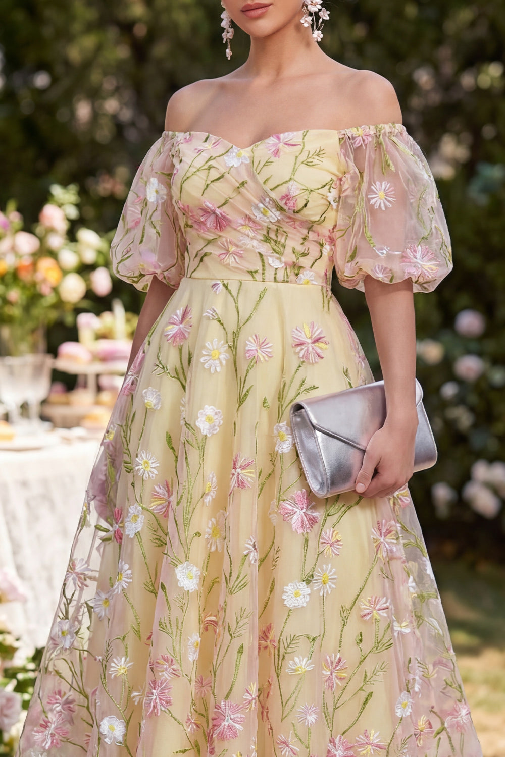 Puff Sleeves Floral Ruched Light Yellow A Line Maxi Wedding Guest Dress