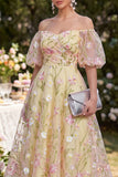 Puff Sleeves Floral Ruched Light Yellow A Line Maxi Wedding Guest Dress
